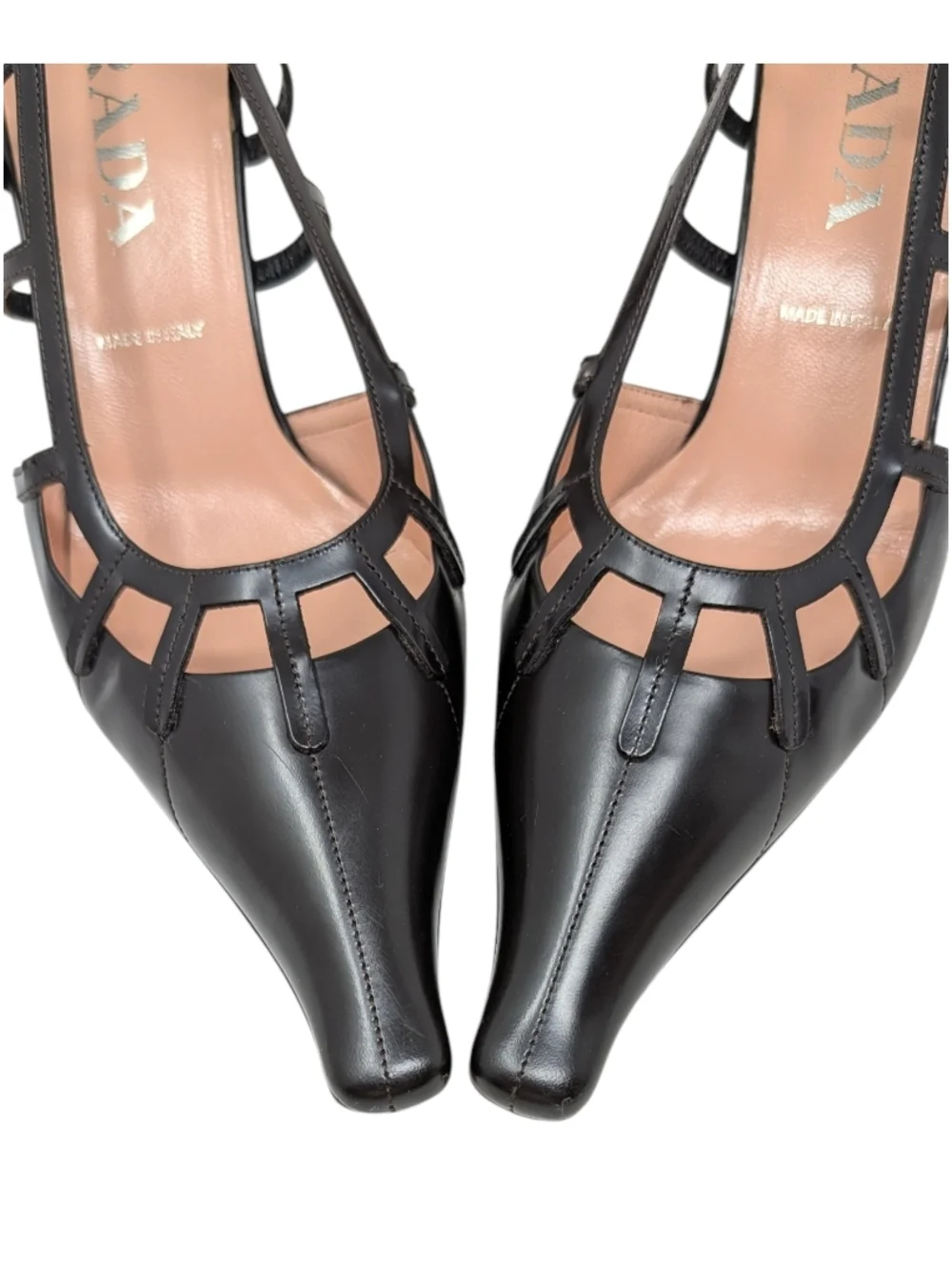 Prada Vintage Cutout Lattice Bondage Pointed Toe Kitten Heel Pump Brown 38.5 | 8